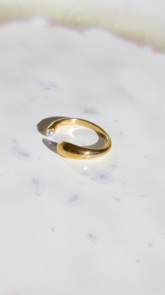 Side View of Ana Open Gold Pearl Ring Showing 18K Gold Plating and Chunky Design