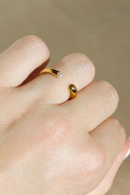 Ana Open Gold Pearl Ring Worn on Model’s Hand - Front View