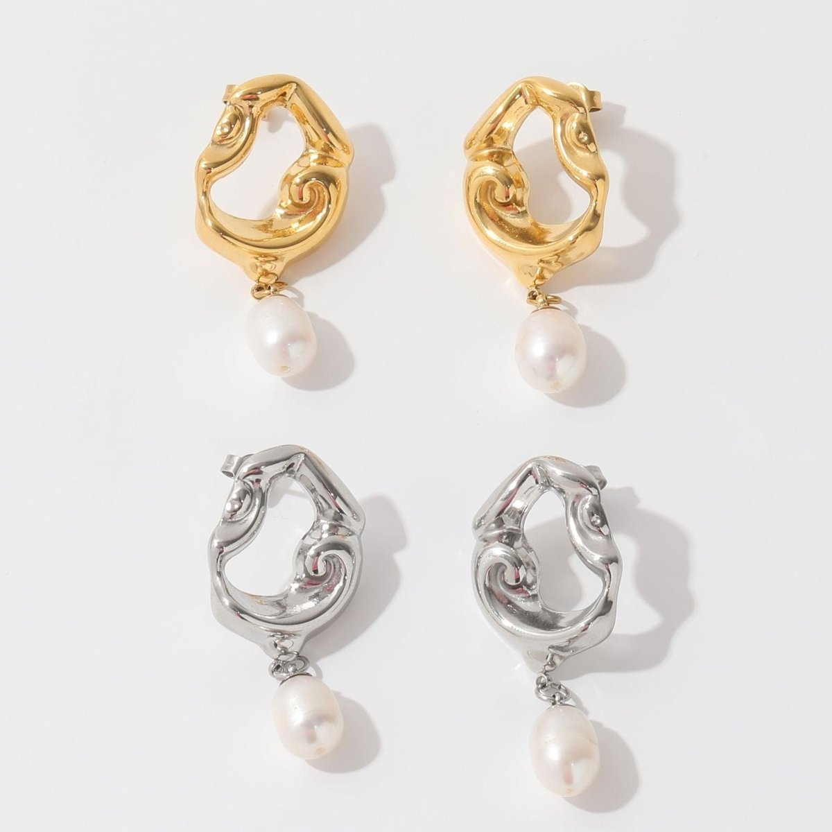 Araceli Gold and Silver Hoops with Pearls Worn on white background