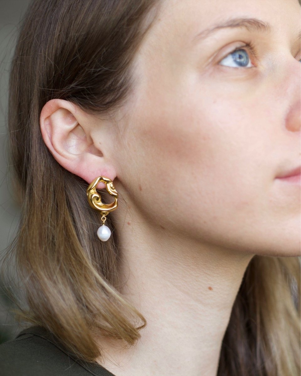 Araceli Gold Hoops with Pearls Worn on Model’s Ear