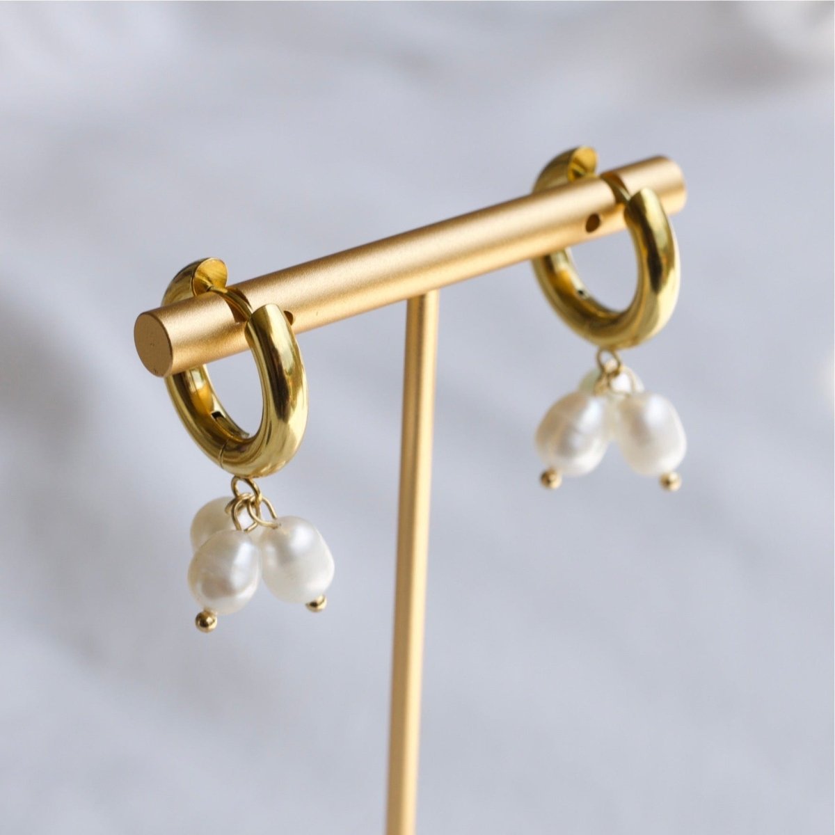 Ceci Gold Hoop Triple Cluster Pearl Earrings - Main Design