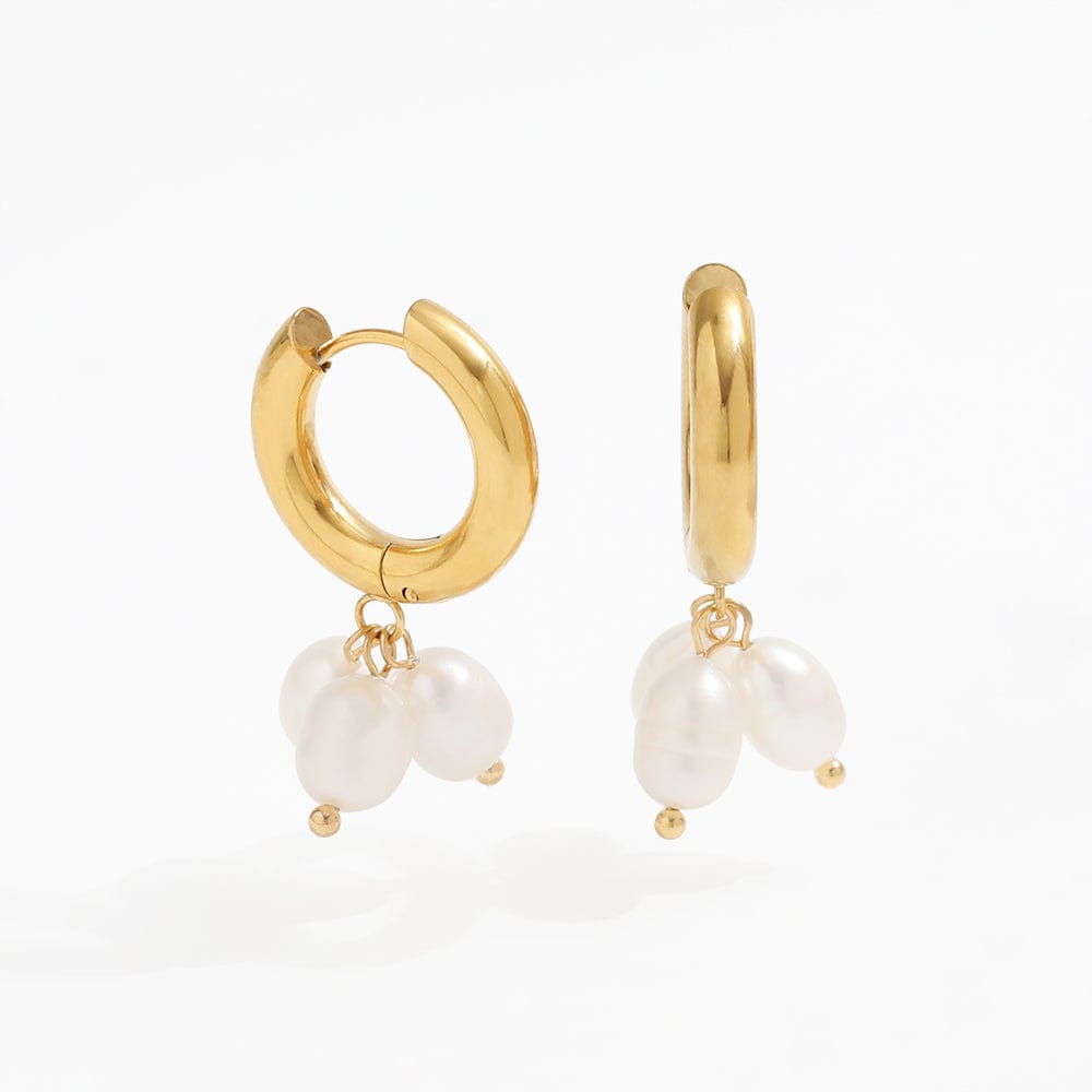 Ceci Gold Hoop Triple Cluster Pearl Earrings on White Background