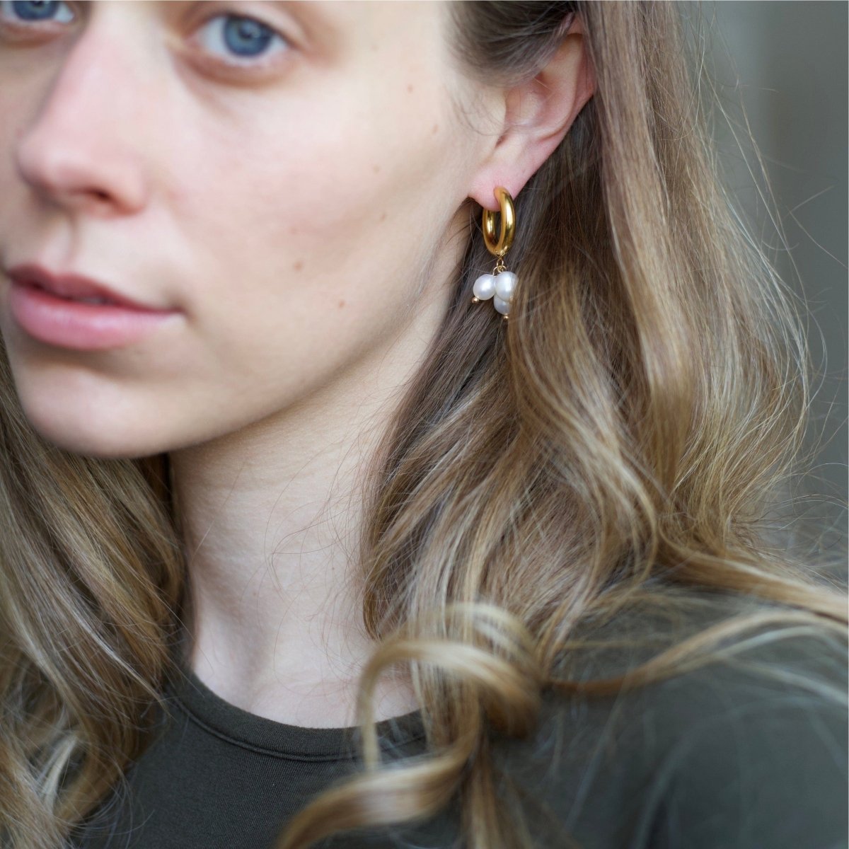 Ceci Gold Hoop Triple Cluster Pearl Earrings Worn by Model