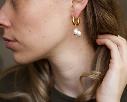 Ceci Gold Hoop Triple Cluster Pearl Earrings Worn by Model