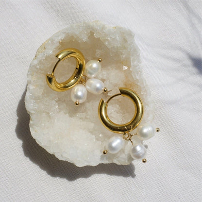 Ceci Gold Hoop Triple Cluster Pearl Earrings on White Shell