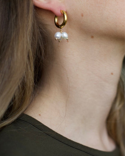 Ceci Gold Hoop Triple Cluster Pearl Earrings Worn by Model