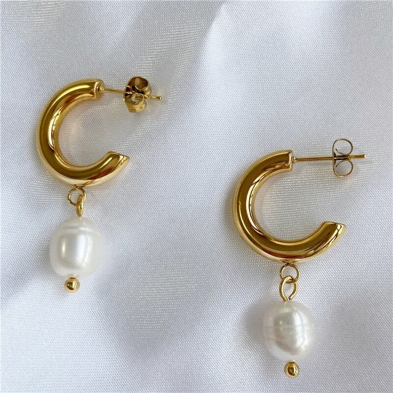 Delia Pearl Earrings Vintage with Irregular Shape Pearls and 18K Gold Paved Chunky Hoop on White Cloth