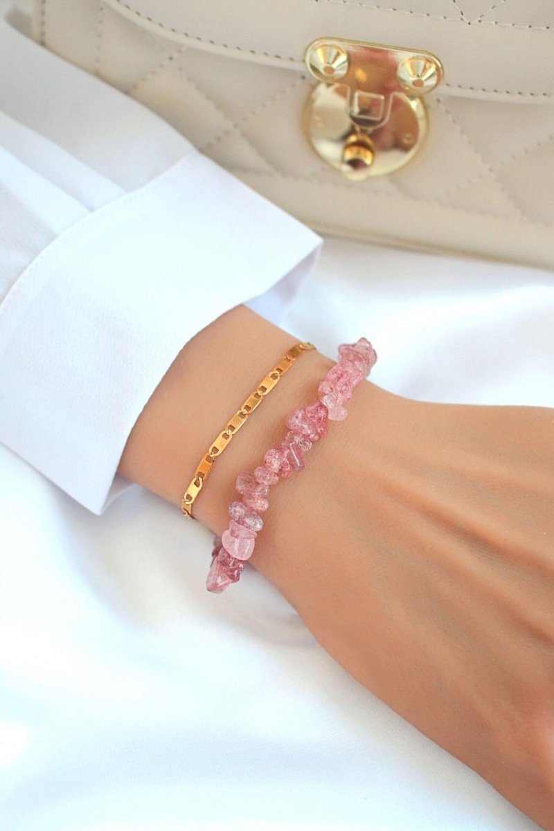 Fiorine Strawberry Quartz & 24 Karats Double-Layered Bracelet Worn on Model’s Wrist