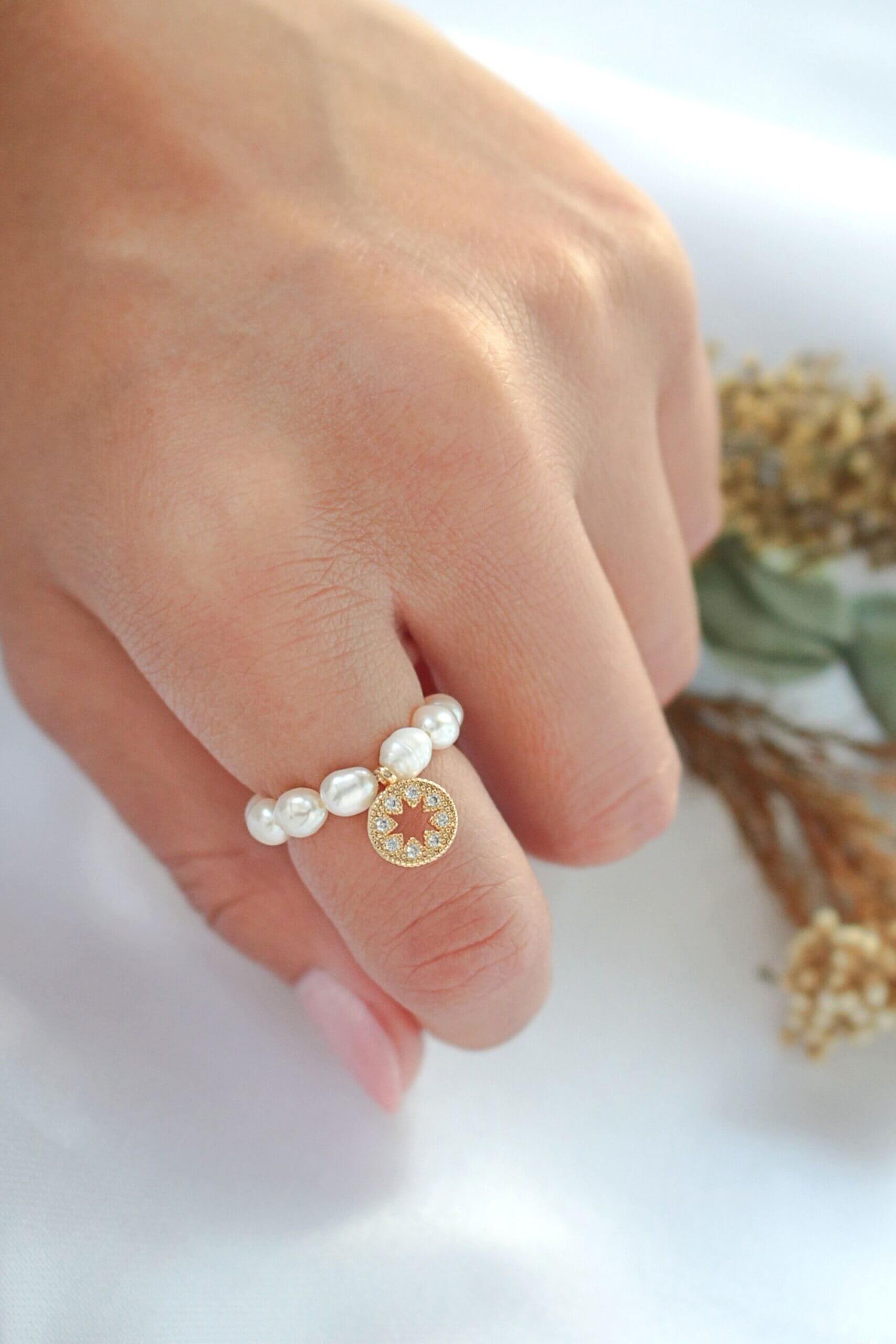 Andrea Dainty Signet Enamel & Mother of Pearl Ring Worn on Model’s Hand