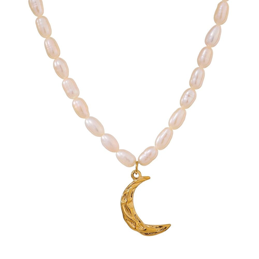 Julia Necklace Displayed on White Background Featuring Pearl Coin and Moon Charm